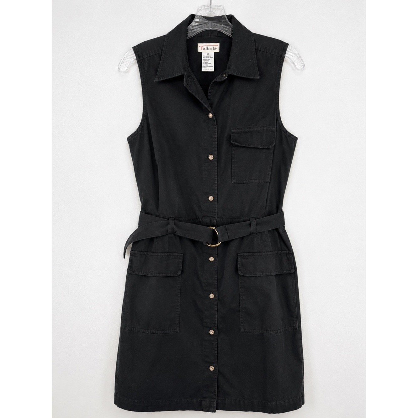 Vintage Talbots Black Shirt Dress Belted Button Front 100% Cotton Size 12