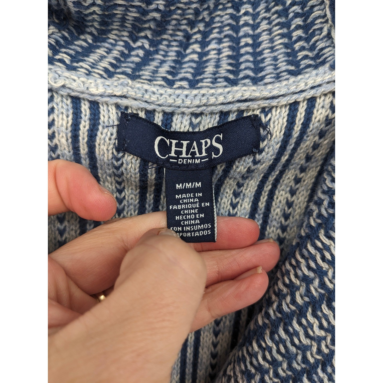 Chaps Knit Vest Womens Medium Blue Shawl Collar Sleeveless Patchwork Grannycore