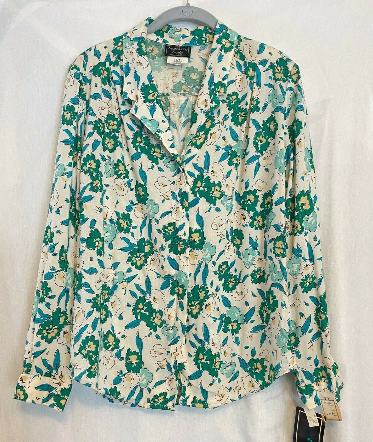 Vtg Southern Lady Blue Green Floral Blouse w/ Shoulder Pads Sz 13/14 NWT