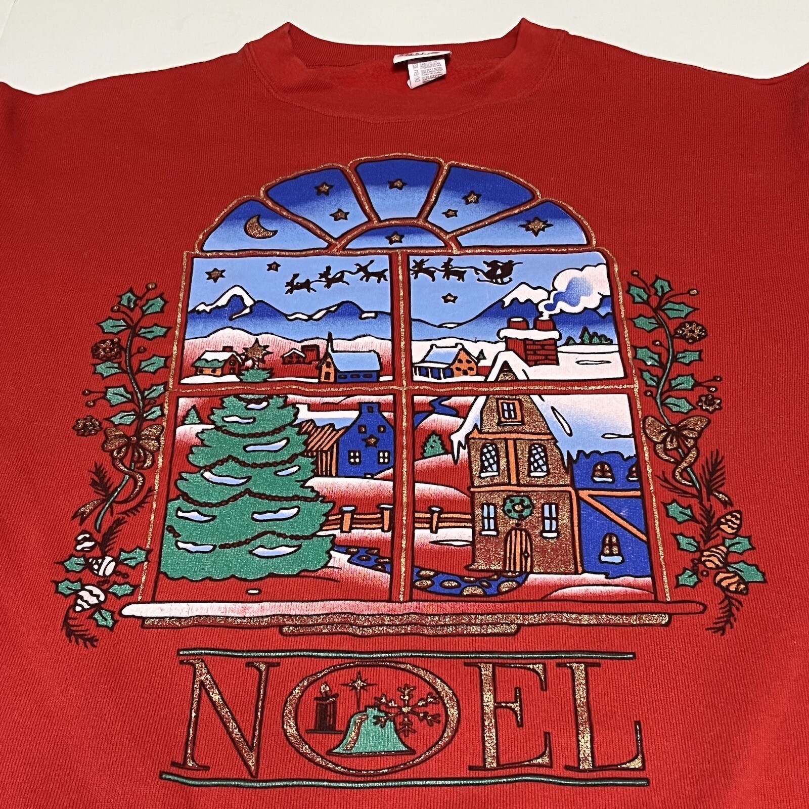 VTG Holiday Time Womens Sz Large Red Christmas Noel Sweatshirt Santa Scene