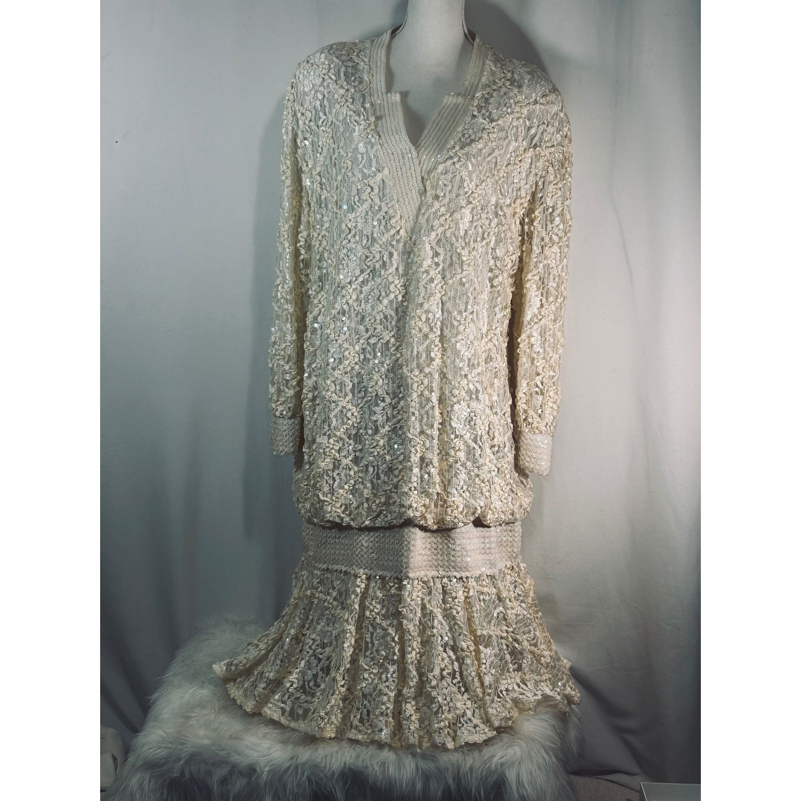 Vintage Damianou Ivory Lace Sequin Drop Waist Gown Long Sleeve Tiered Ruffle