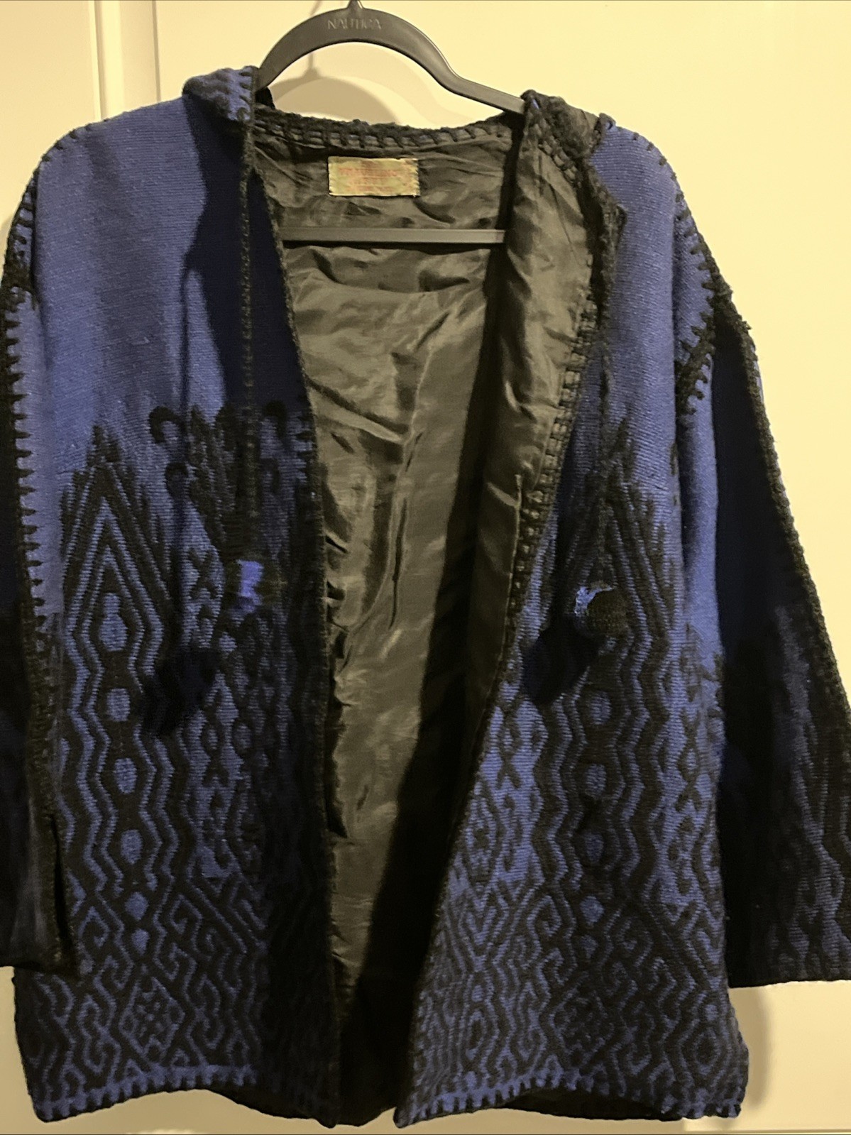 Vintage Woman’s Knit Crocheted Blue & Black Poncho Jacket Wool Cotton Lined
