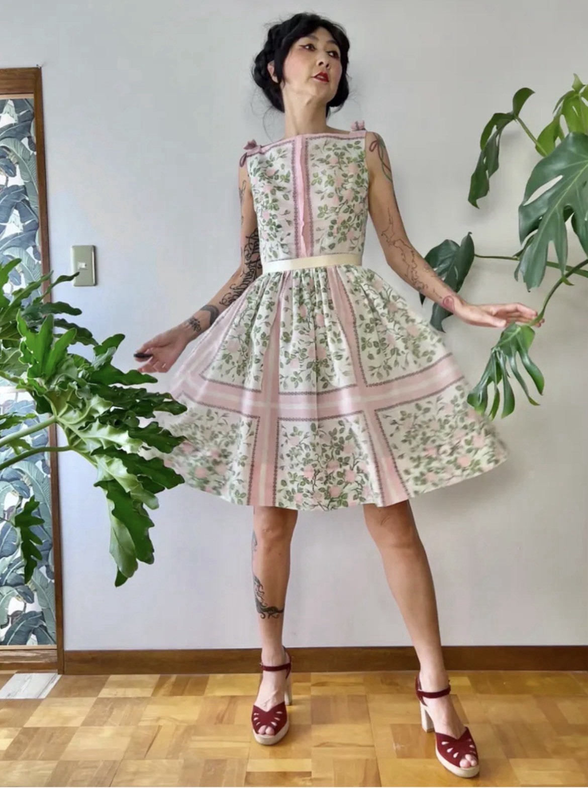 VTG 50s L’Aiglon Rose Print Cotton Voile Sundress Shoulder Bow XS