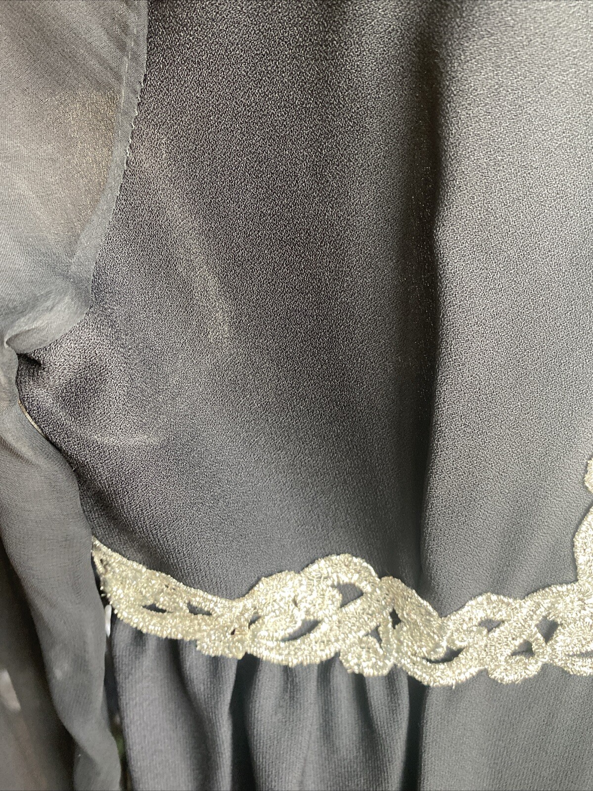 VTG Black Dress Silver Metallic Soutache Trim Sheer Sleeves Keyhole Neckline sz9