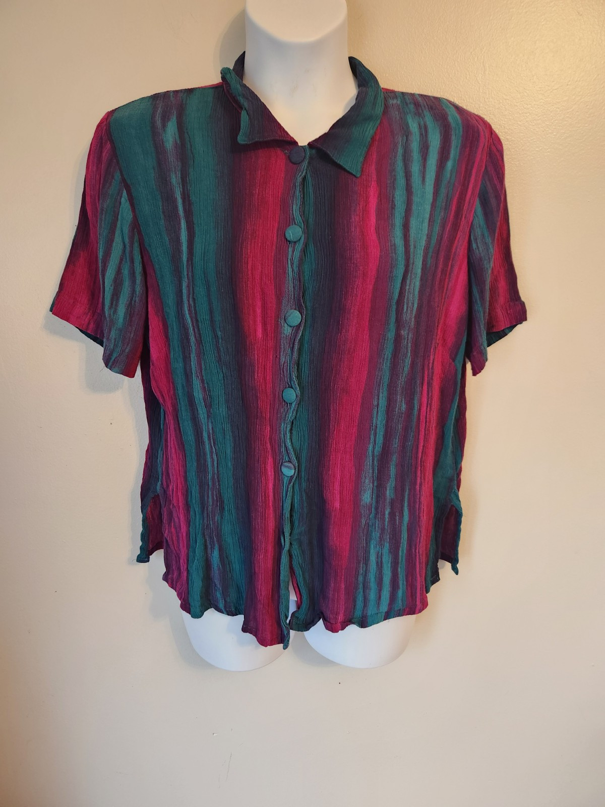 Vintage 80s Dena Lauren Purple Teal Watercolor Print Crinkle Top Shirt 1X