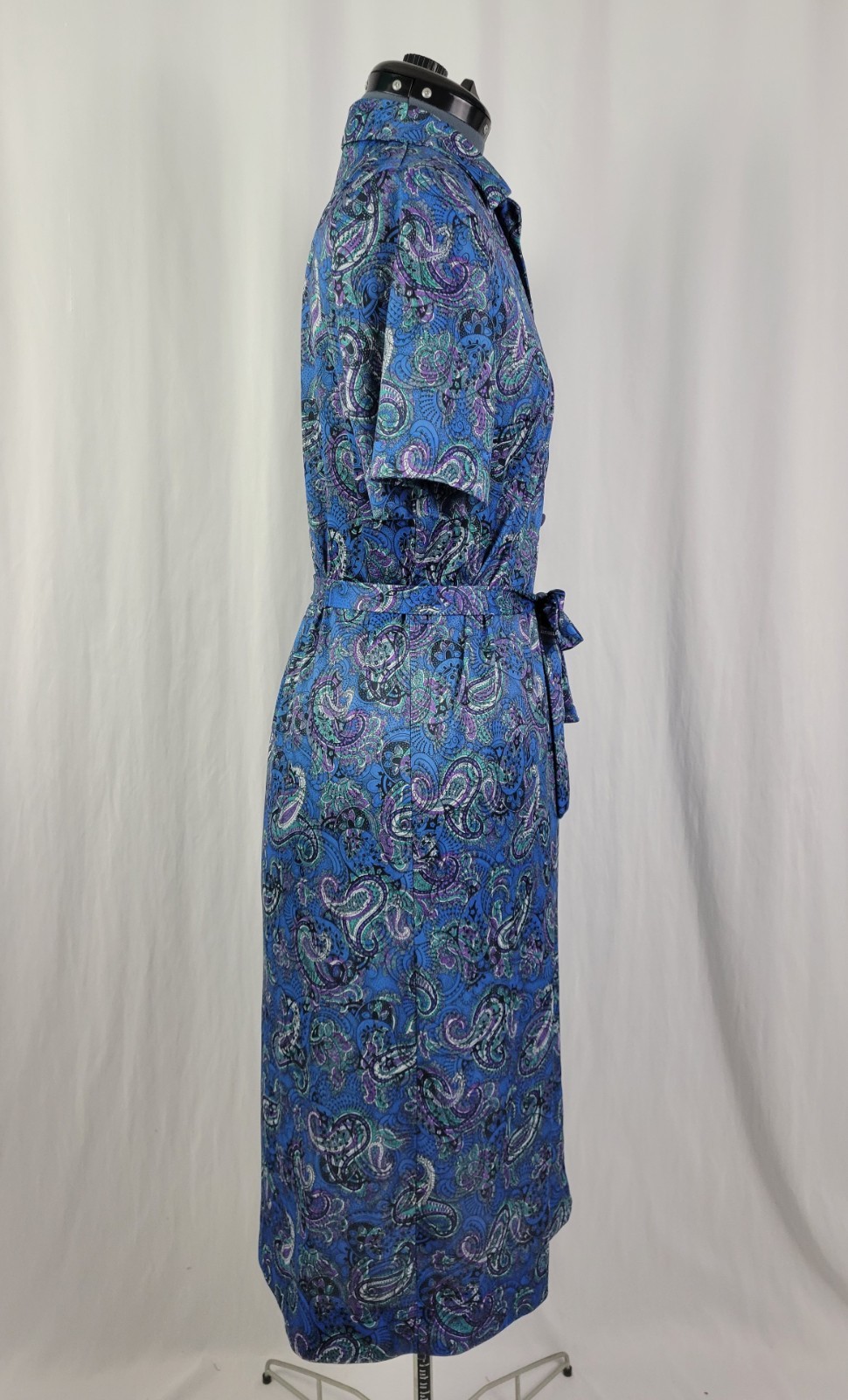 Vintage Ina Carol Blue & Purple Paisley S/S Dress w Matching Tie Belt Size 14