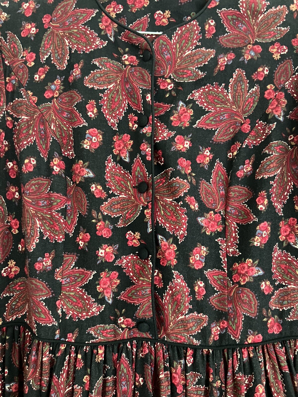 LAURA ASHLEY Black Burgundy Long SLEEVE VICTORIAN DRESS US 12 UK 14 100% Cotton