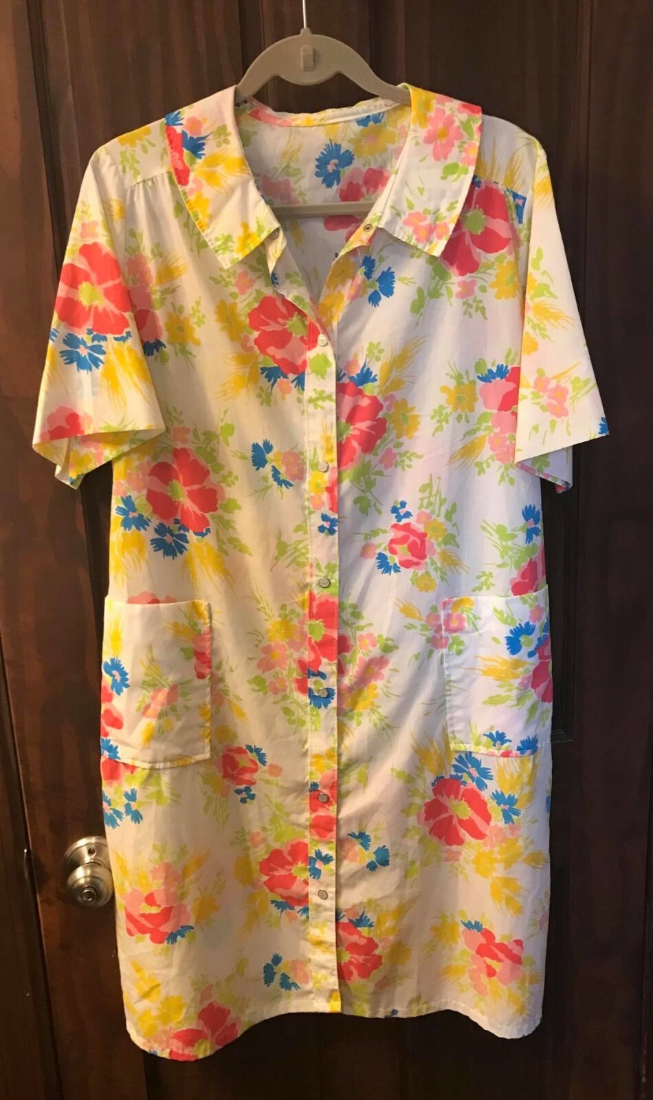 Vintage Pink Blue Yellow Floral Cheery House Dress Robe Wrap Sz M / L Tub8