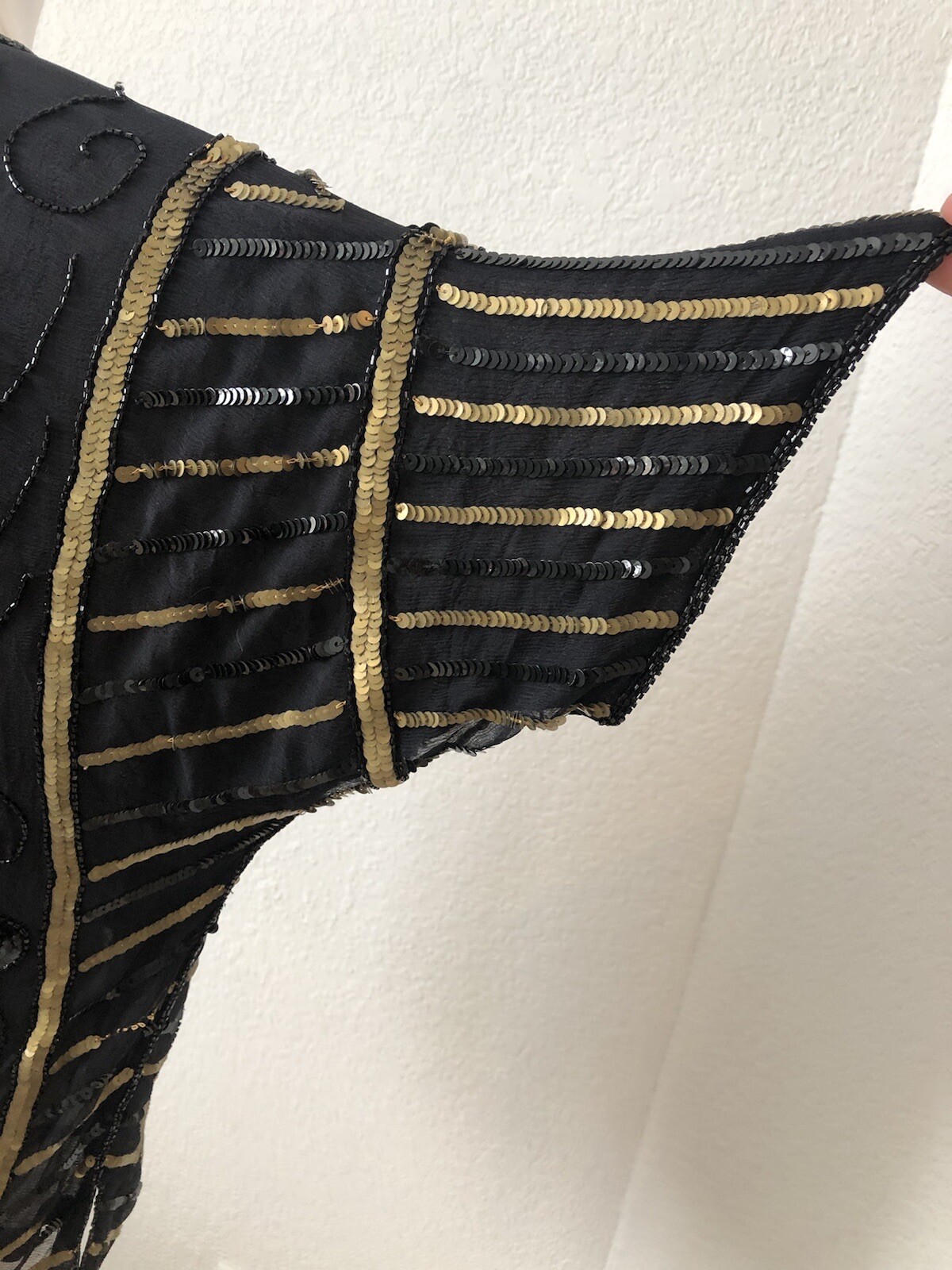 Vtg Beaded Sequin Top Black Gold Bougie Batwing Glam Festival Club Silk Showy M