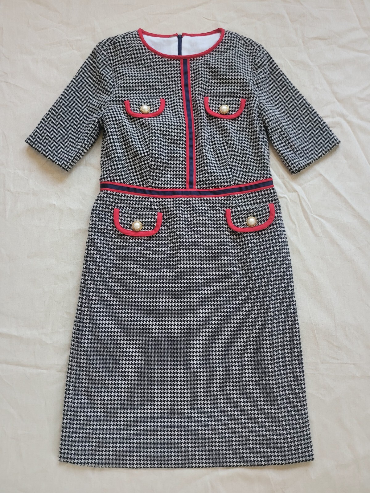 Vintage Handmade Tweed Kate Dress Elegant Classic Black White Red Trim Size M