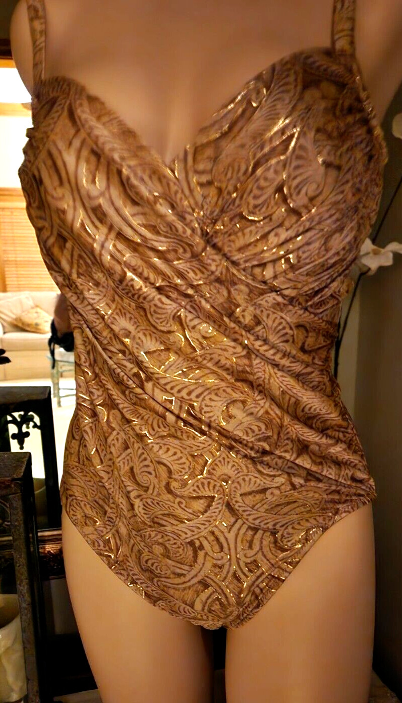 Vtg Gottex Metallic Gold SeaShell Shine Print Ruched PinUP Swimsuit Sz 12 L
