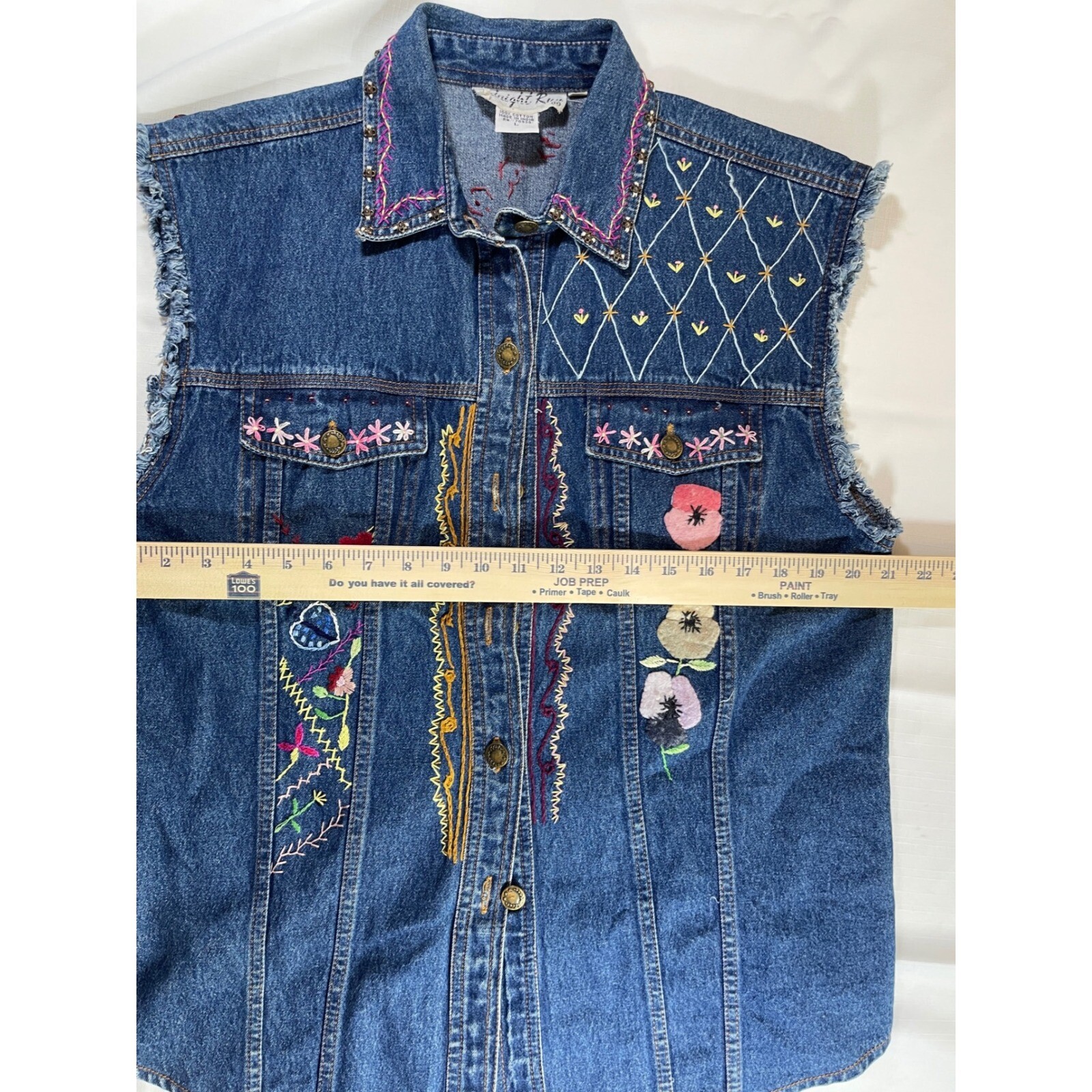 Midnight Run Denim Vest Embroidered Sleeveless Jean Jacket L
