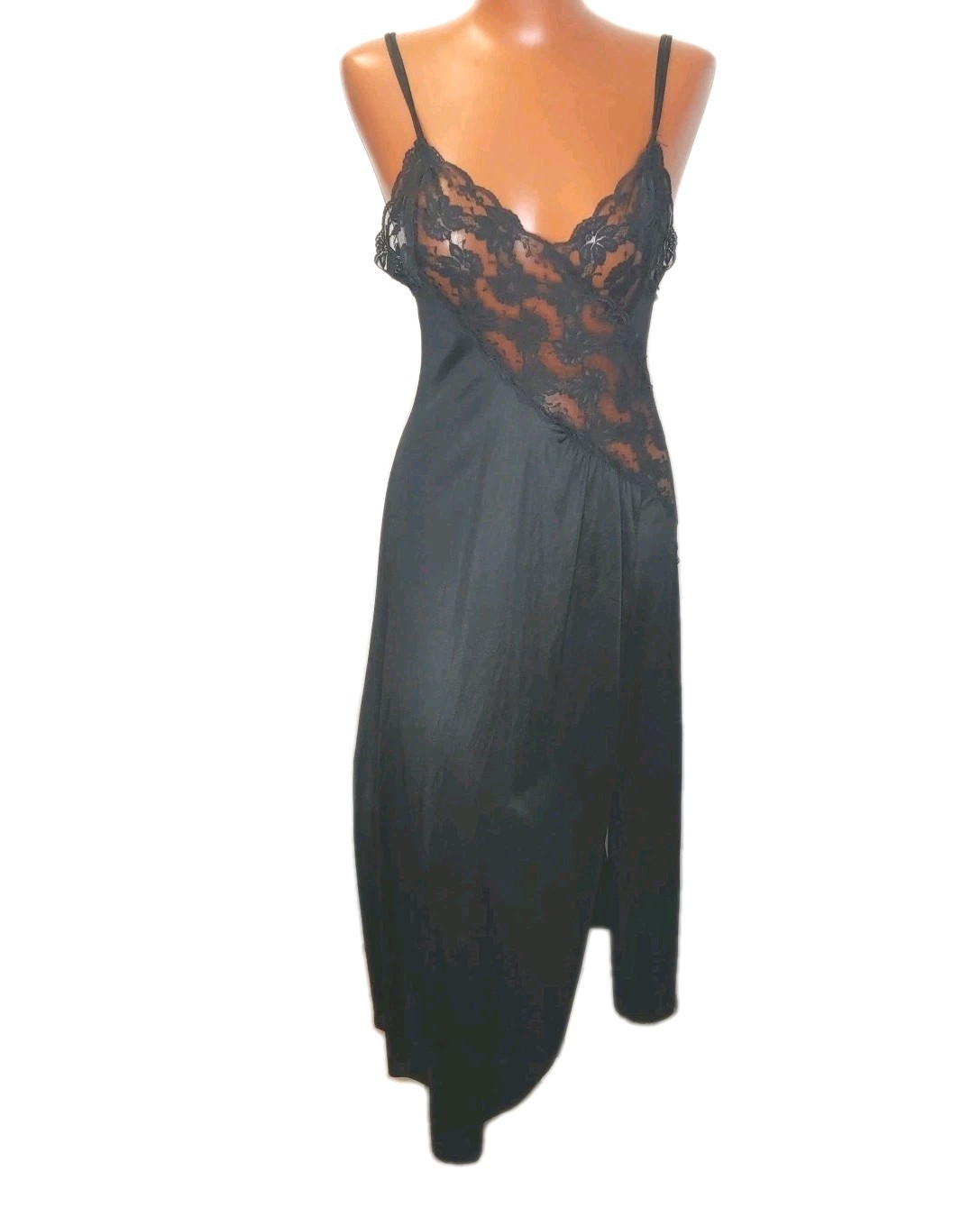 Vintage Sheer Lace Nylon Long Slip Dress Woman Sz 30 Satin Black High Front Slit