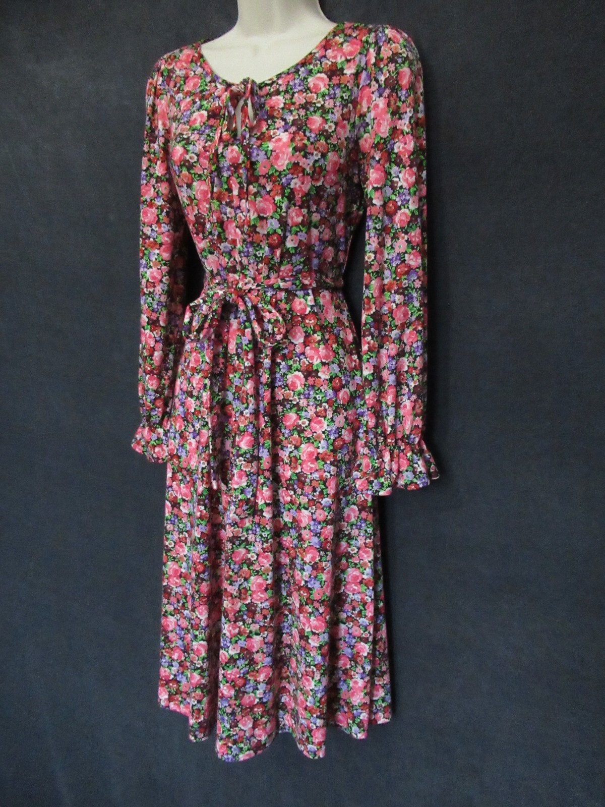 70’s Vintage Eva Robert Janan Italy Black Pink Floral Keyhole Belted Midi Dress