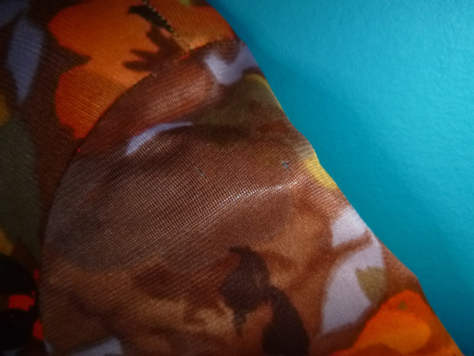 Vtg 60s Nylon Stretch Fabric Dress Multi Color Brown Orange Floral Sz S/M