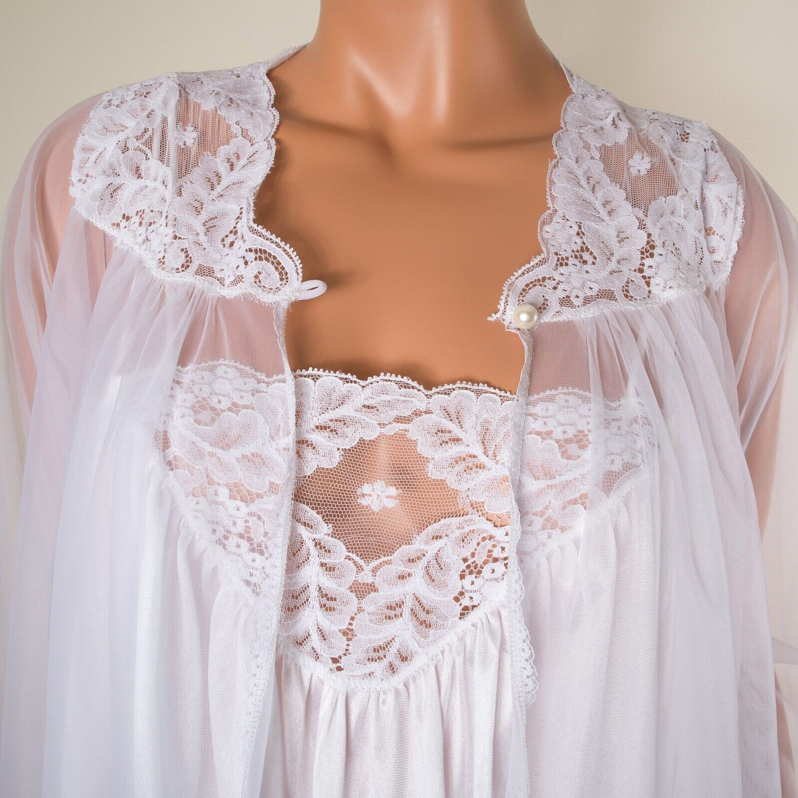 💖 VTG KAYSER Bridal Chiffon Peignoir Nightgown Set White Robe Negligee Lace S