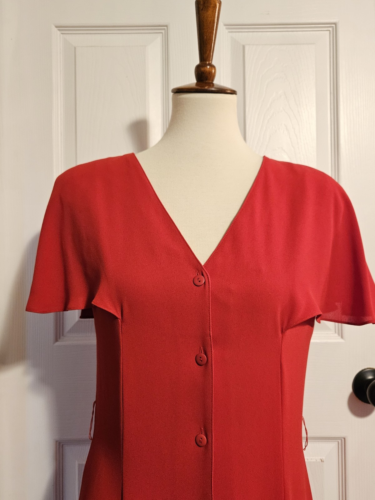 Vintage 80s Red Pierre Cardin Flutter Sleeve Button Front Midi Dress Size 6