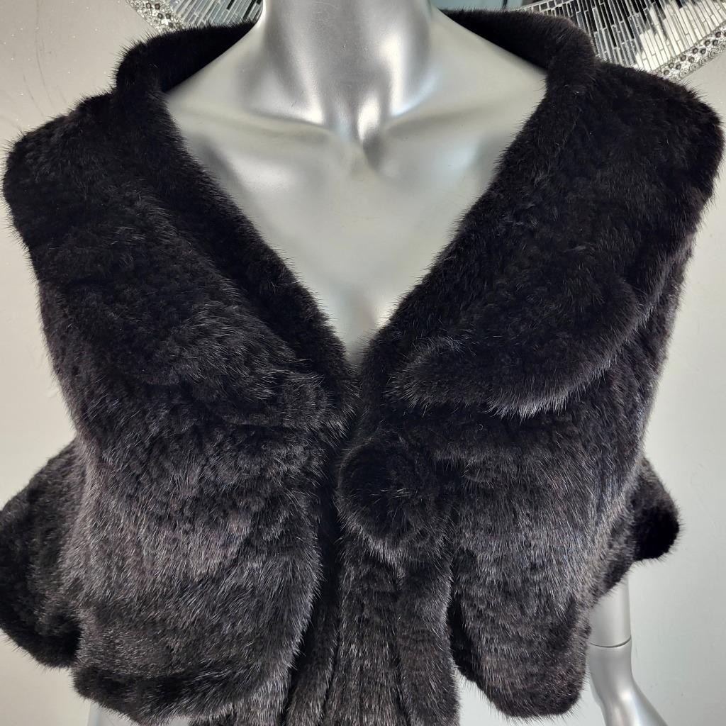 SAKOWITZ~S/M/L~VINTAGE BLACK KNITTED GENUINE REAL MINK FUR STOLE WRAP CAPE COAT
