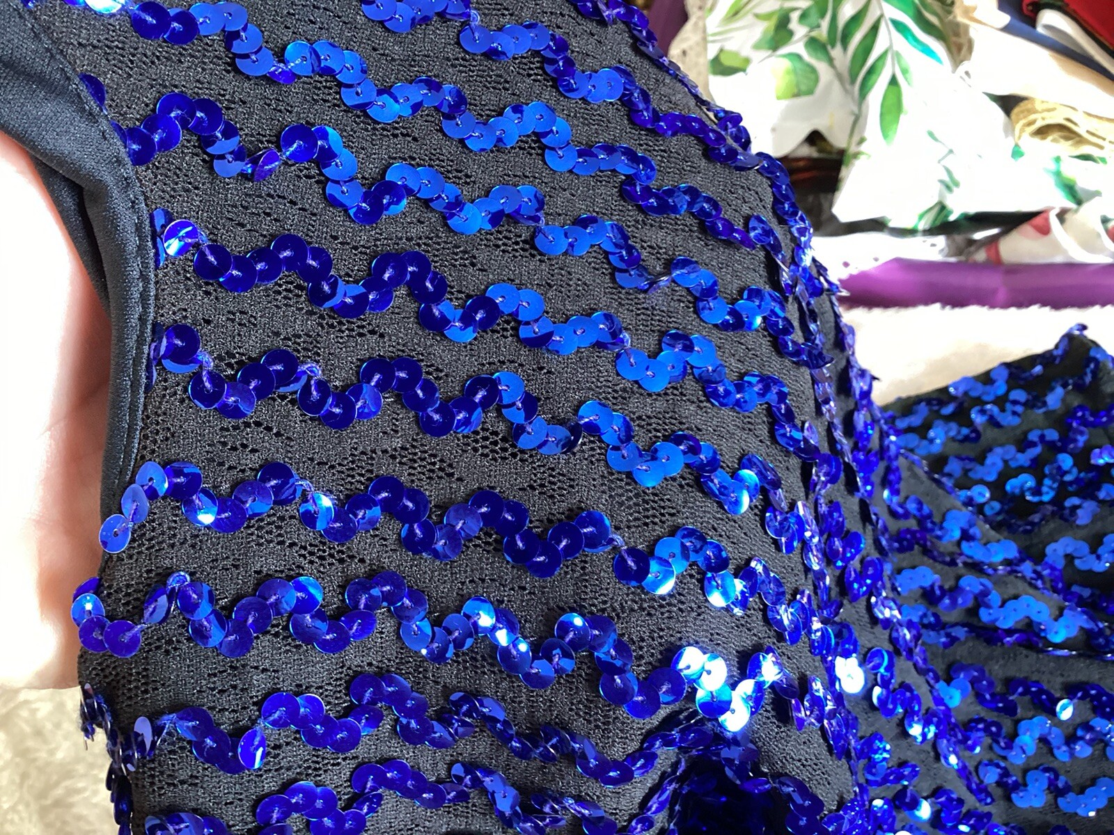 Vintage 90s Karen Okada Climax Blue Sequin Lace Long Sleeve Mini Dress~5/6