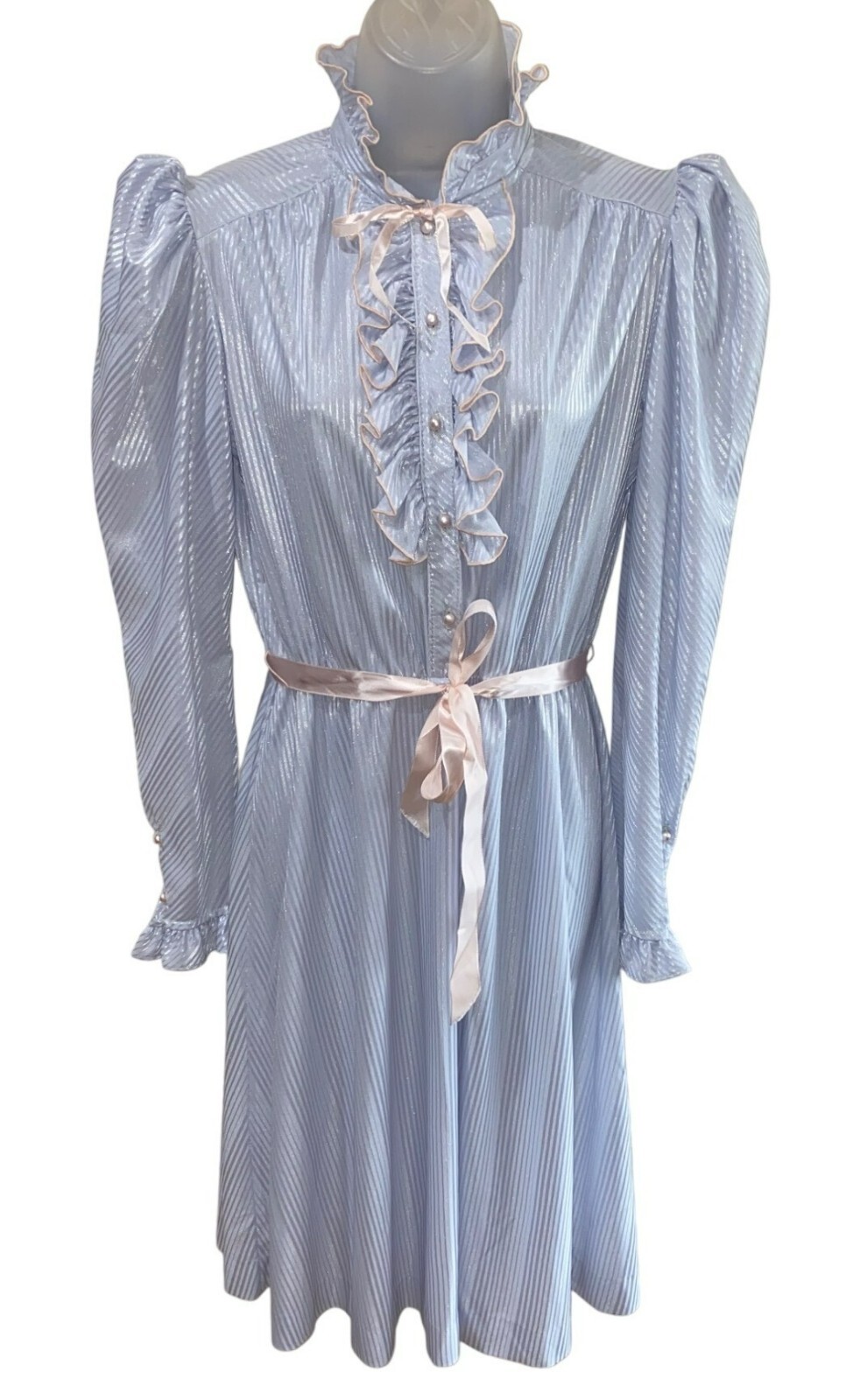 Vintage Jerri Gee New York Light Blue Ruffled Long Sleeve Dress W/ Pink Belt Siz