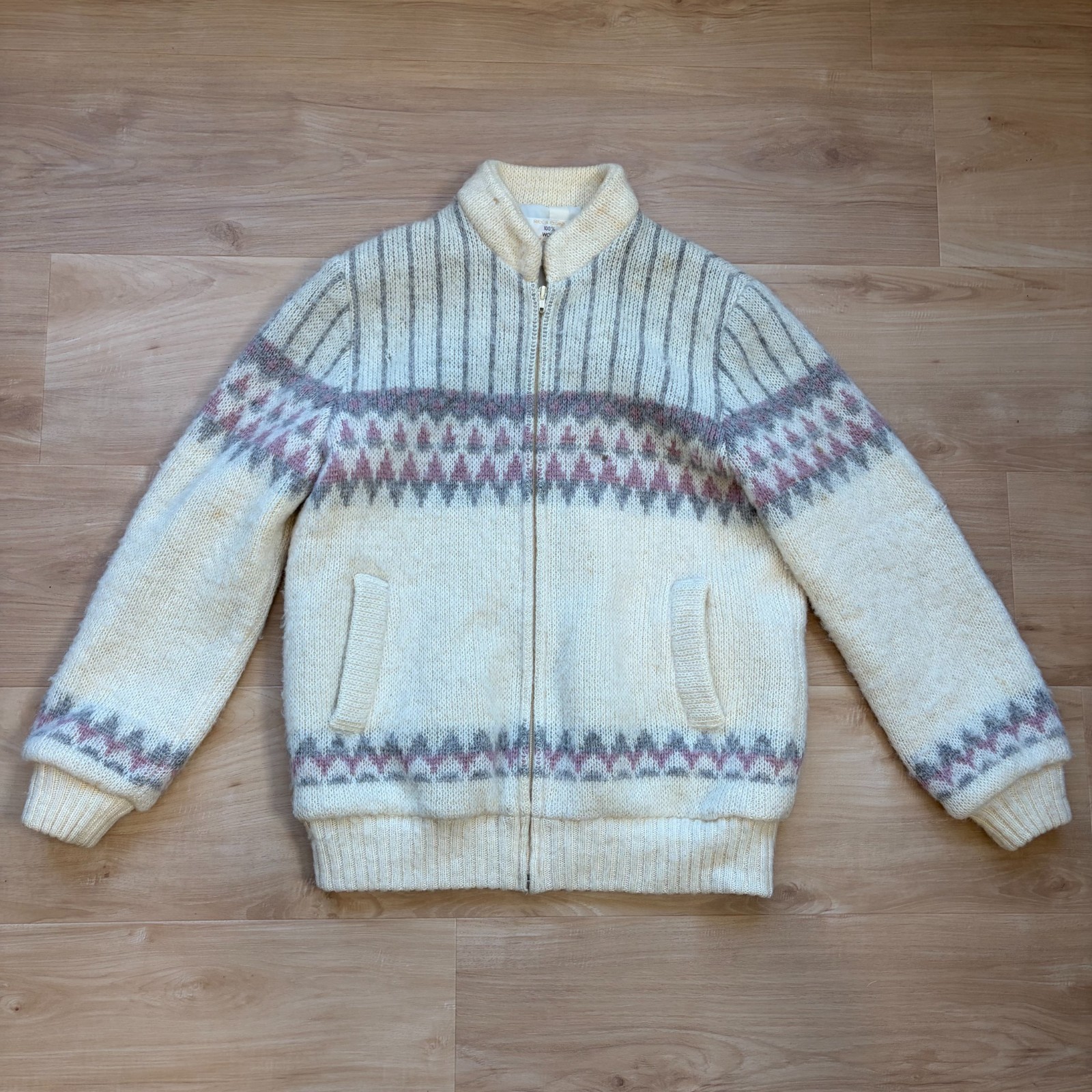Vintage Icelandic Full Zip Fair Isle Sweater Jacket Size Large Made in Iceland