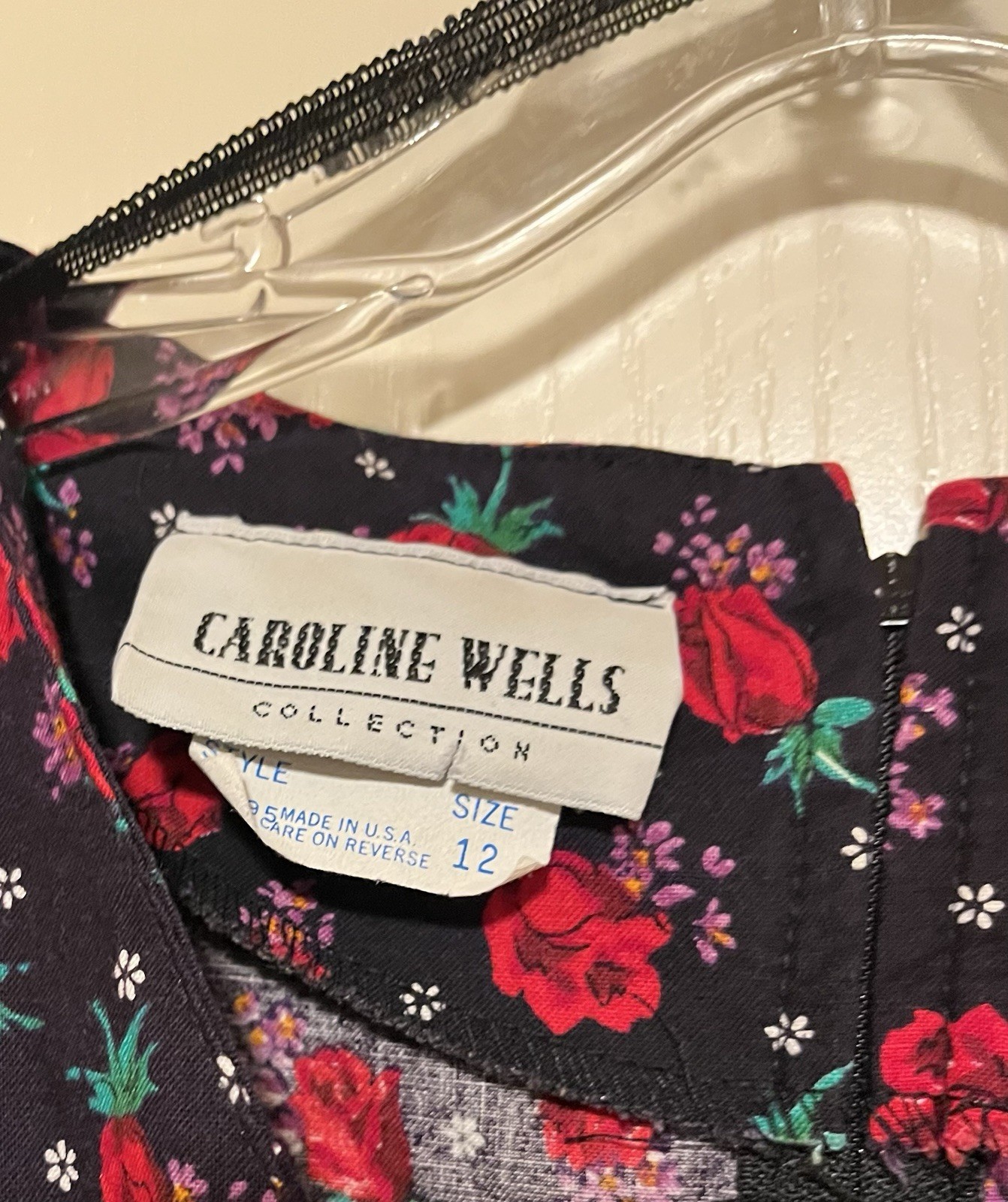 80s Caroline Wells Vintage Floral Midi Dress with Shoulder Pads, tag size 12