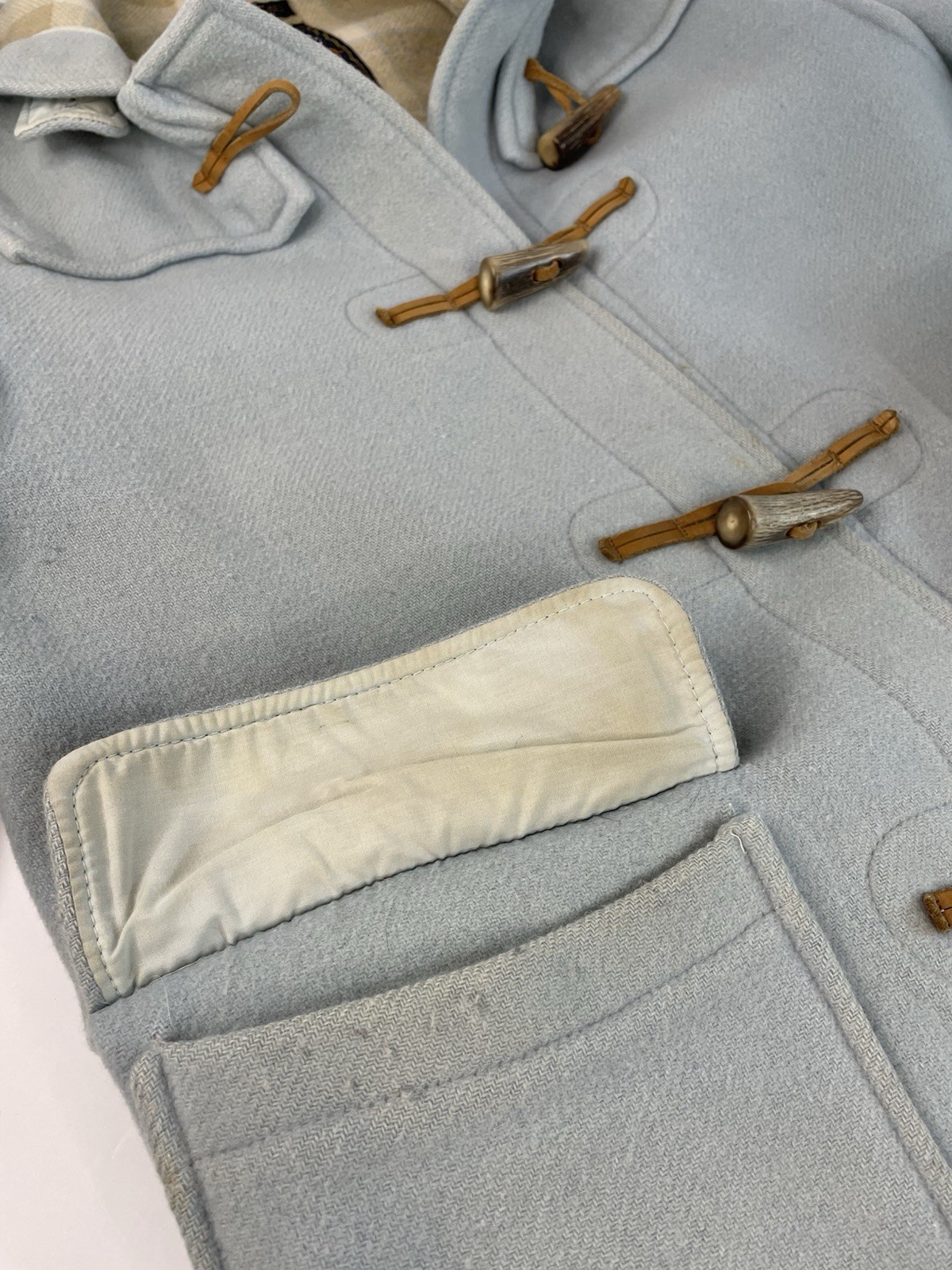 Vintage Gloverall Powder Blue Wool Duffle Coat Womens Sz 8 Hooded Toggle FLAWS