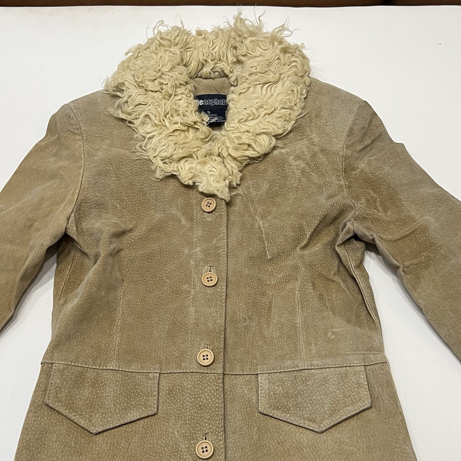 Vintage Blue Asphalt Penny Lane Coat Tan Suede Leather Faux Fur Trim size Small