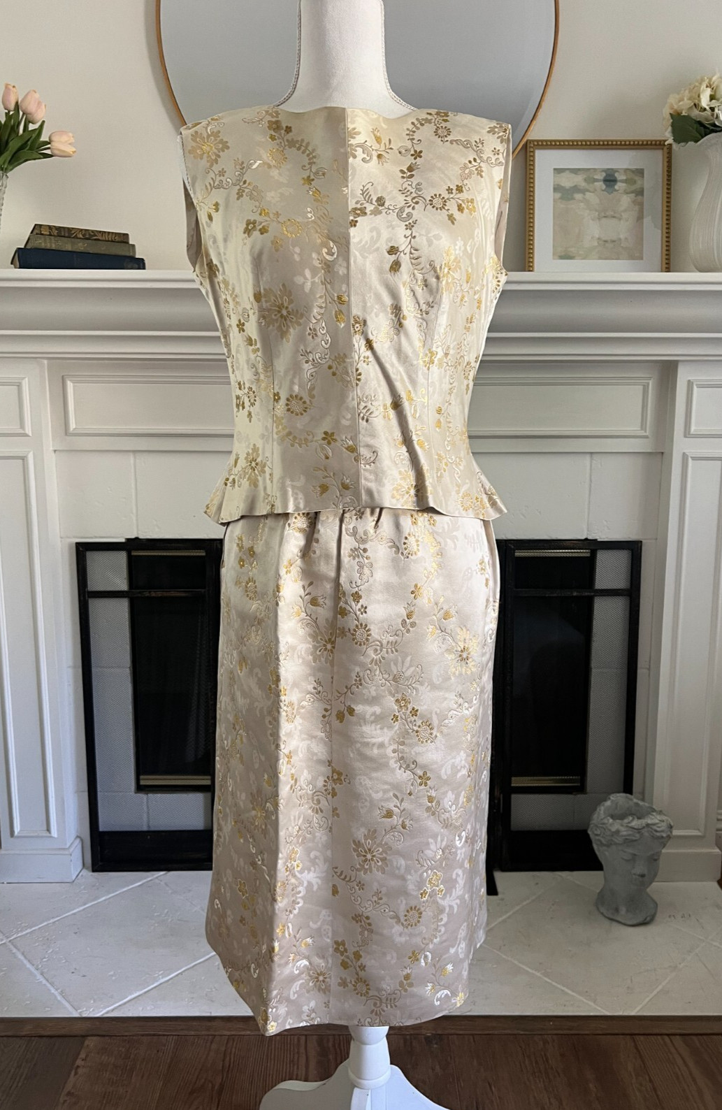 VTG Gold Metallic 2 Piece Satin Floral Brocade 60’s Evening Skirt and Top Sz M