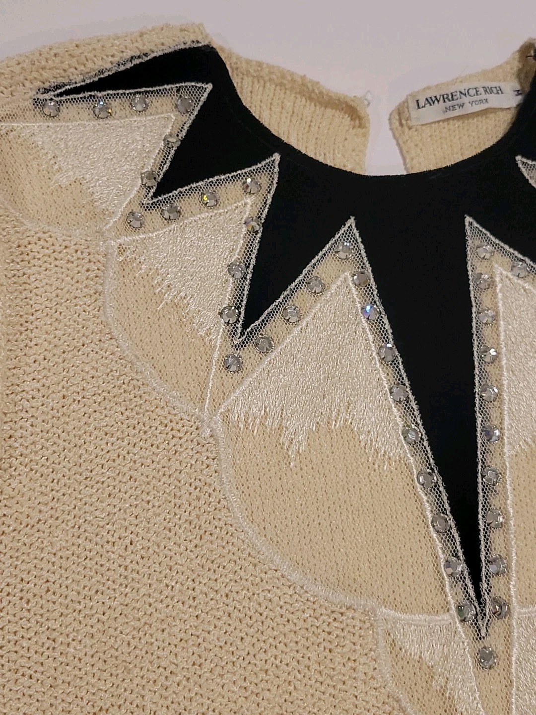 80s Ladies Sweater Lace Velvet Rhinestones Black Ivory Vtg Dressy Sz M New York