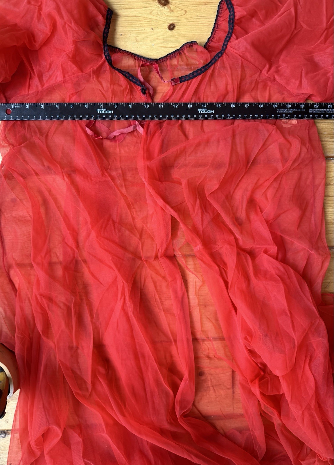 VTG 50s Sheer Red Peignoir Robe Balloon Sleeves Tie Black Trim Medium Boudoir