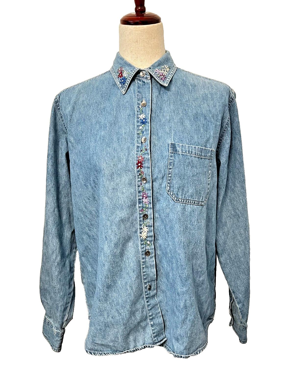 Vtg LEE Denim Shirt Women’s M Embroidered Floral Festival Cottagecore Mom Jeans