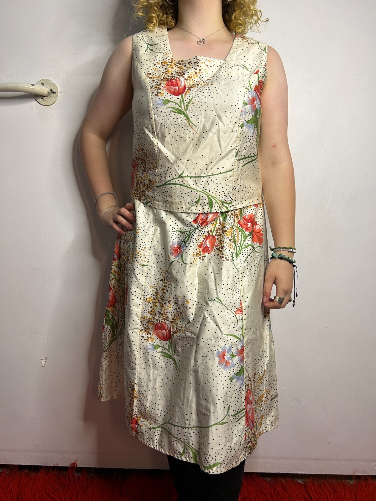 Vintage Handmade Cotton Blouson Dress Square Neckline Floral A-Line AU 12-14