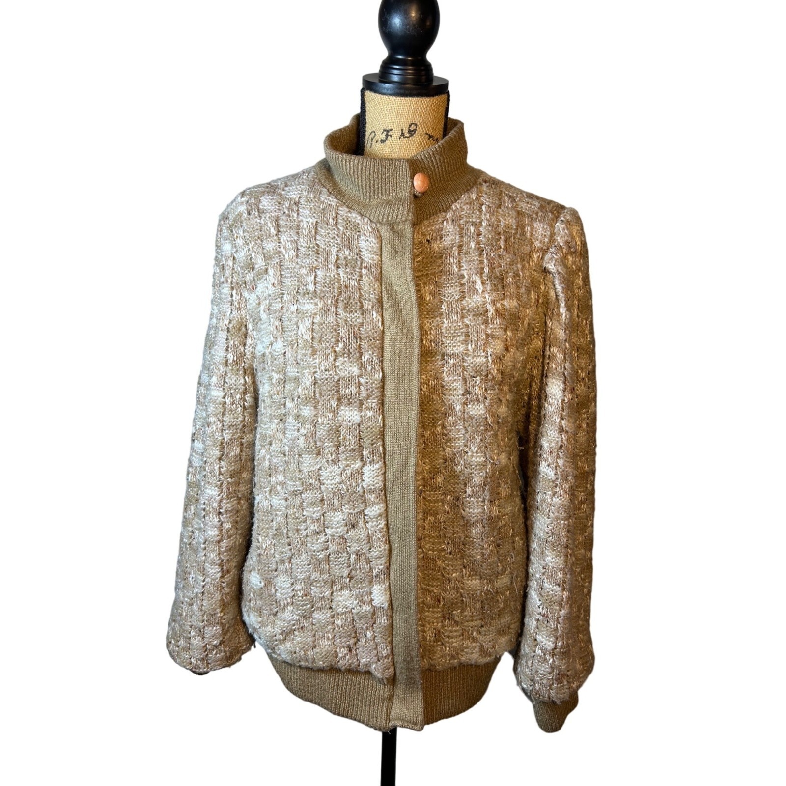 Vintage Hippie Boho Jacket Women L Beige Textured Knit Zipper & Button Closure