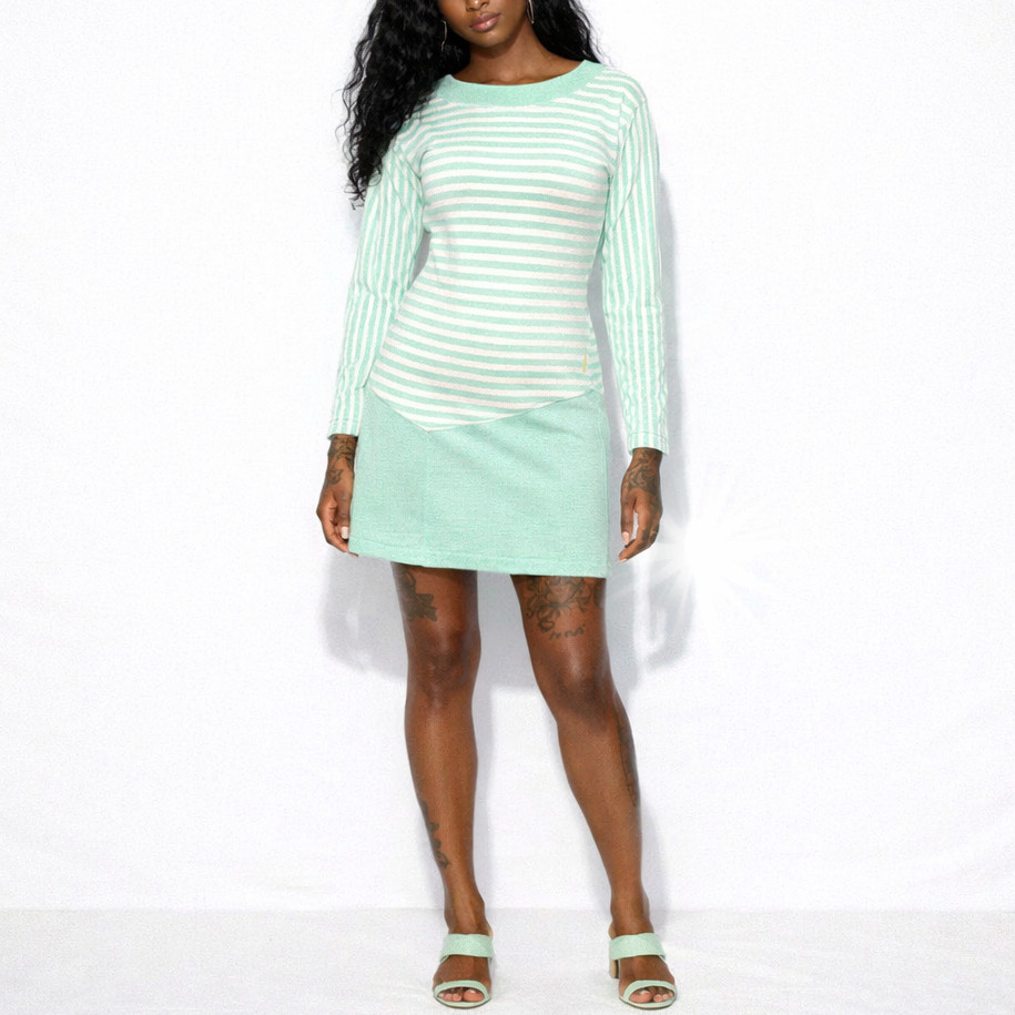 80s Vintage Light Green Shirt Dress Womens S Striped Asymetrical Geometric Knit