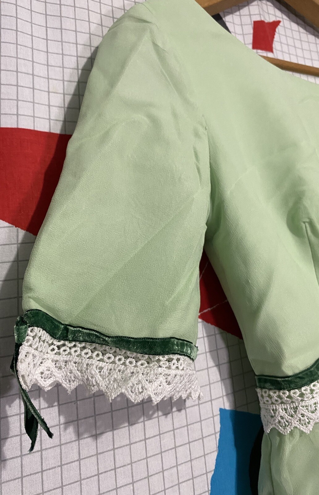 Vintage 50s Silk Chiffon Dress Green Lace Organza Velvet Ribbon 60s Maxi