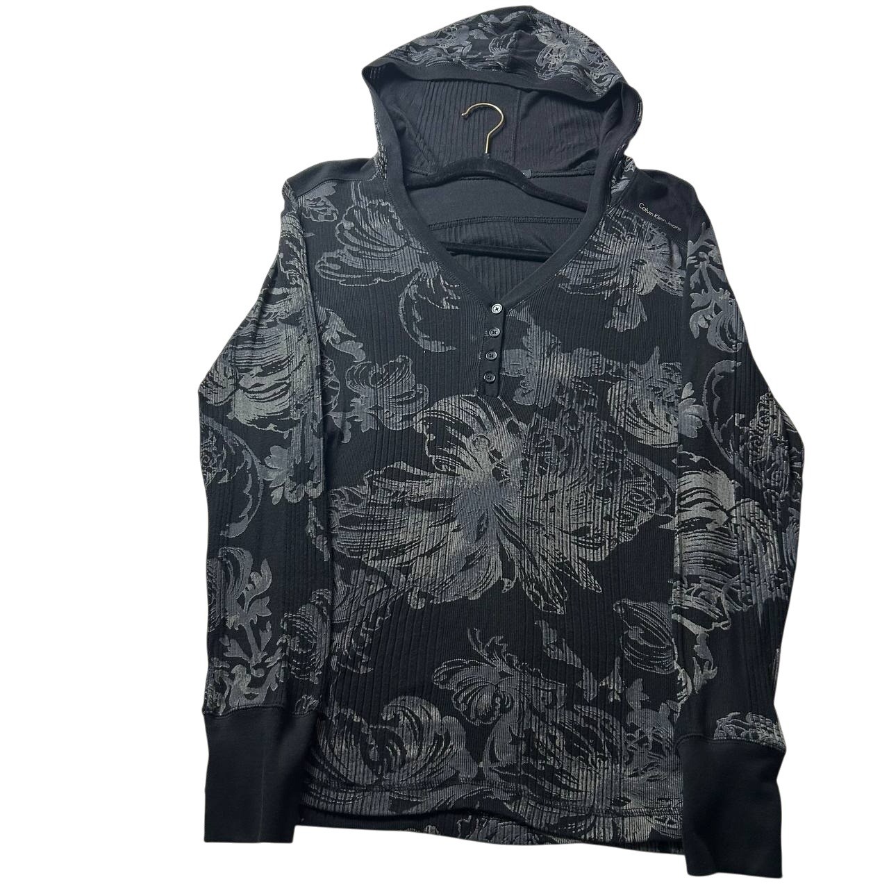Vintage Calvin Klein Women’s Y2K Floral Pattern Long Sleeve Henley Top Hooded S