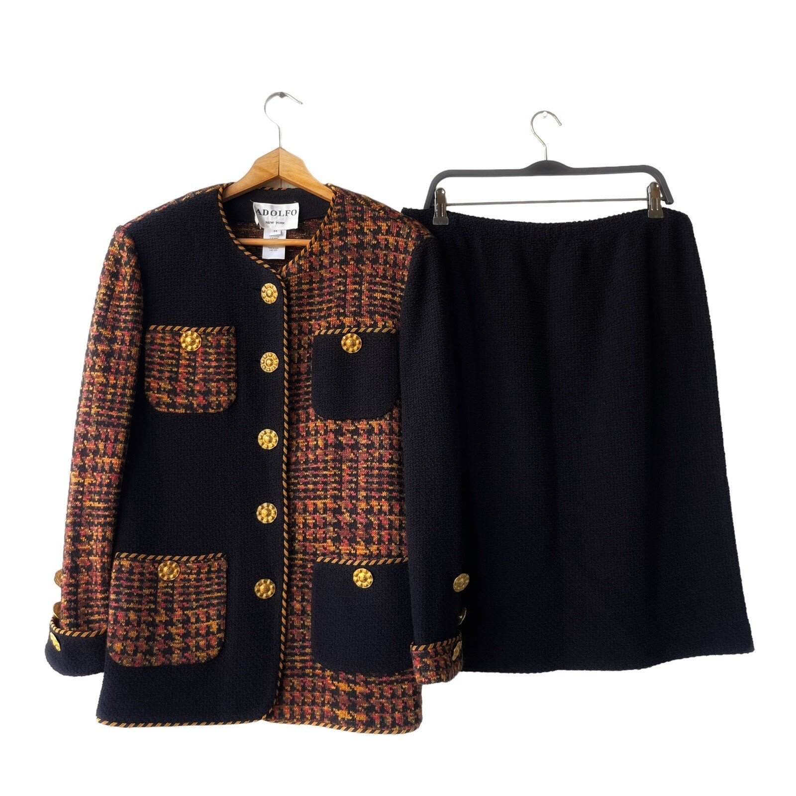 Vtg ADOLFO New York Boucle Skirt Suits Women’s 14 Color Block Gold Button USA