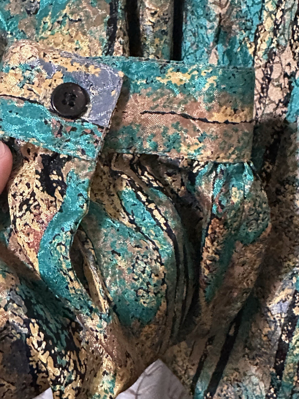 Vintage Da-Rue Of California Teal Gold Long Sleeve Elastic Waist Blouse Med?
