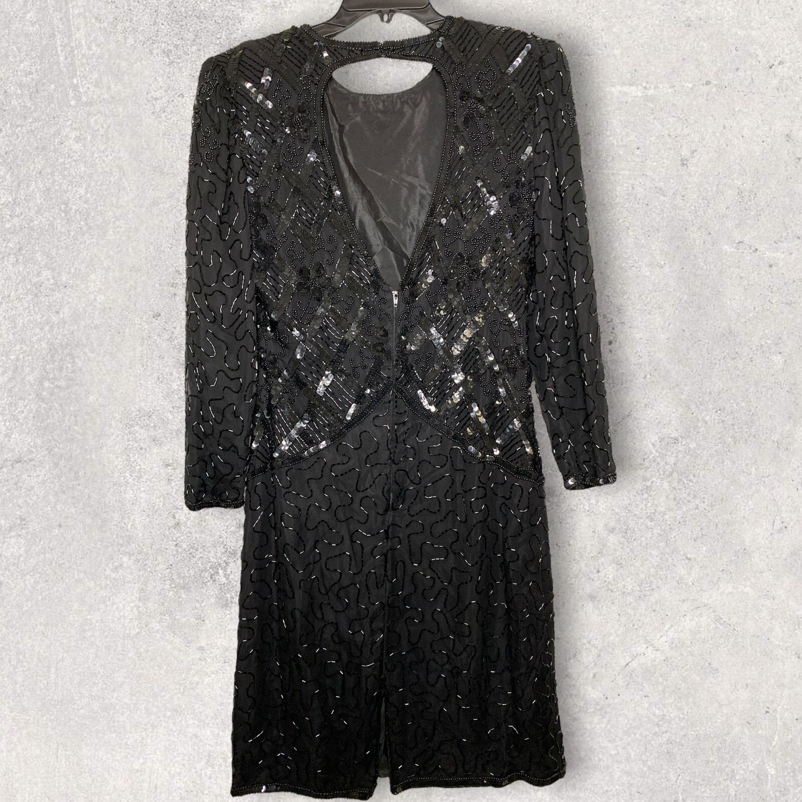 Vintage Sweelo Black Beaded Long Sleeve 100% Silk Dress Evening Gown Size Small