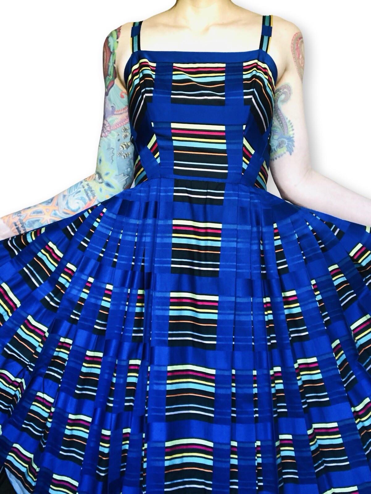 Vintage 1950s 50s Rainbow Striped Blue Cotton Pleated Dress Sundress Small