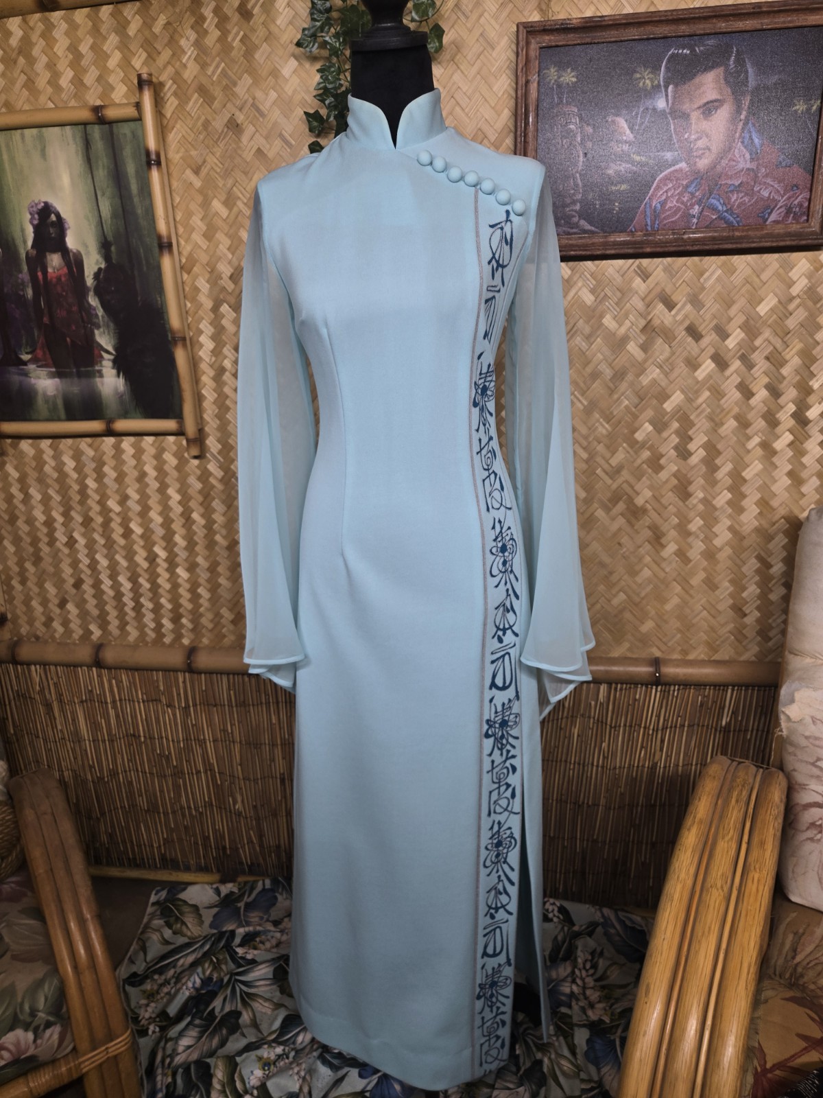 Vintage Shaheen Asian Inspired Hawaiian Aloha Dress In Rare Light Blue w1189