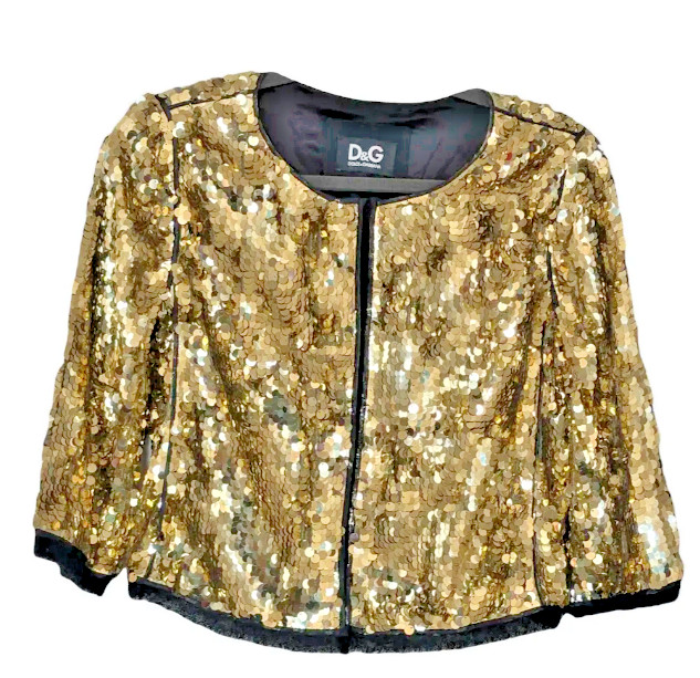 RARE 90s VTG D&G Dolce Gabbana Gold Sequin Jacket Black Trim Italy 40 COA Small