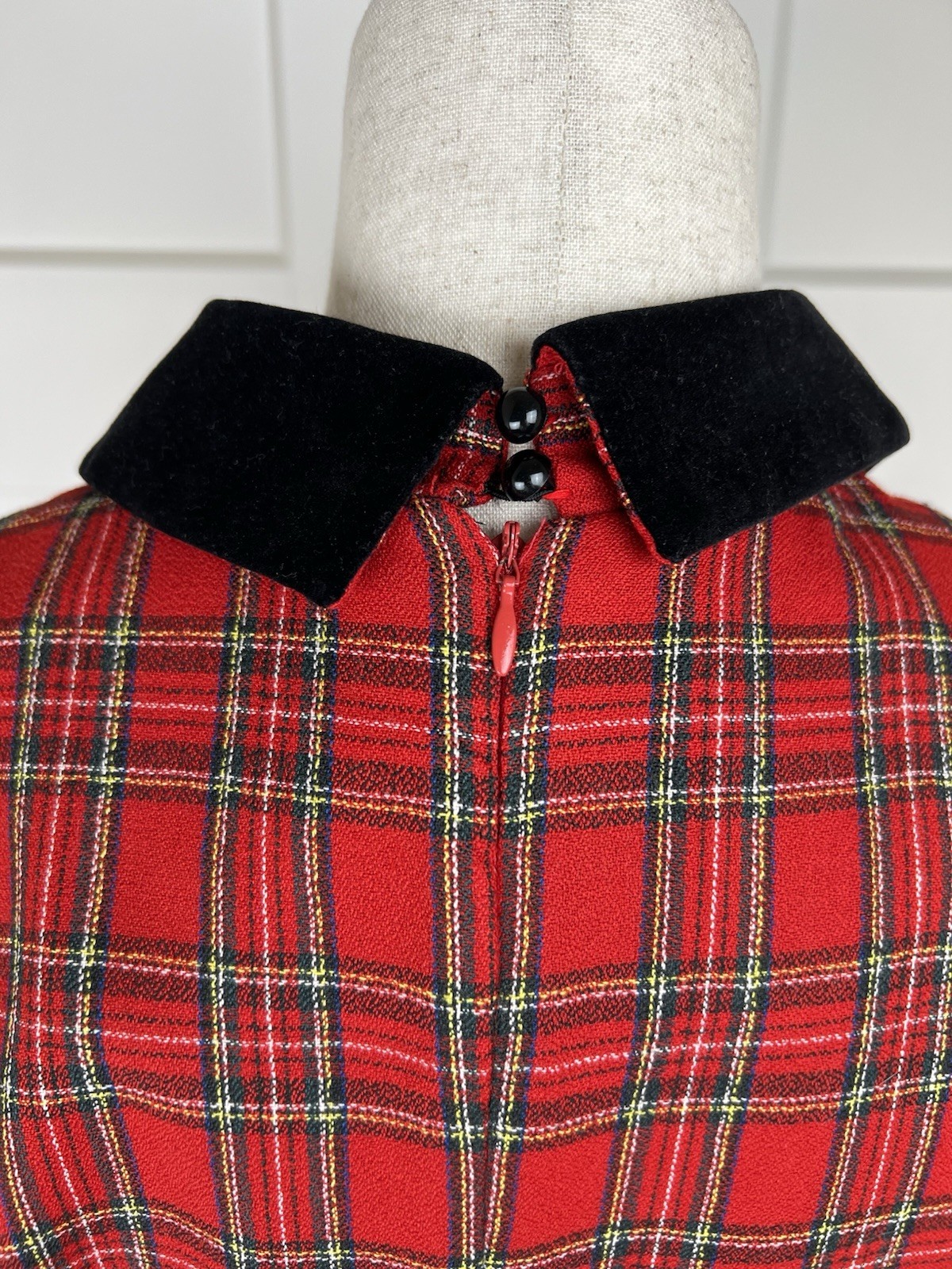 Vintage 80’s Misty Lane Red Tartan Plaid Maxi Dress Velvet Collar USA Union Made