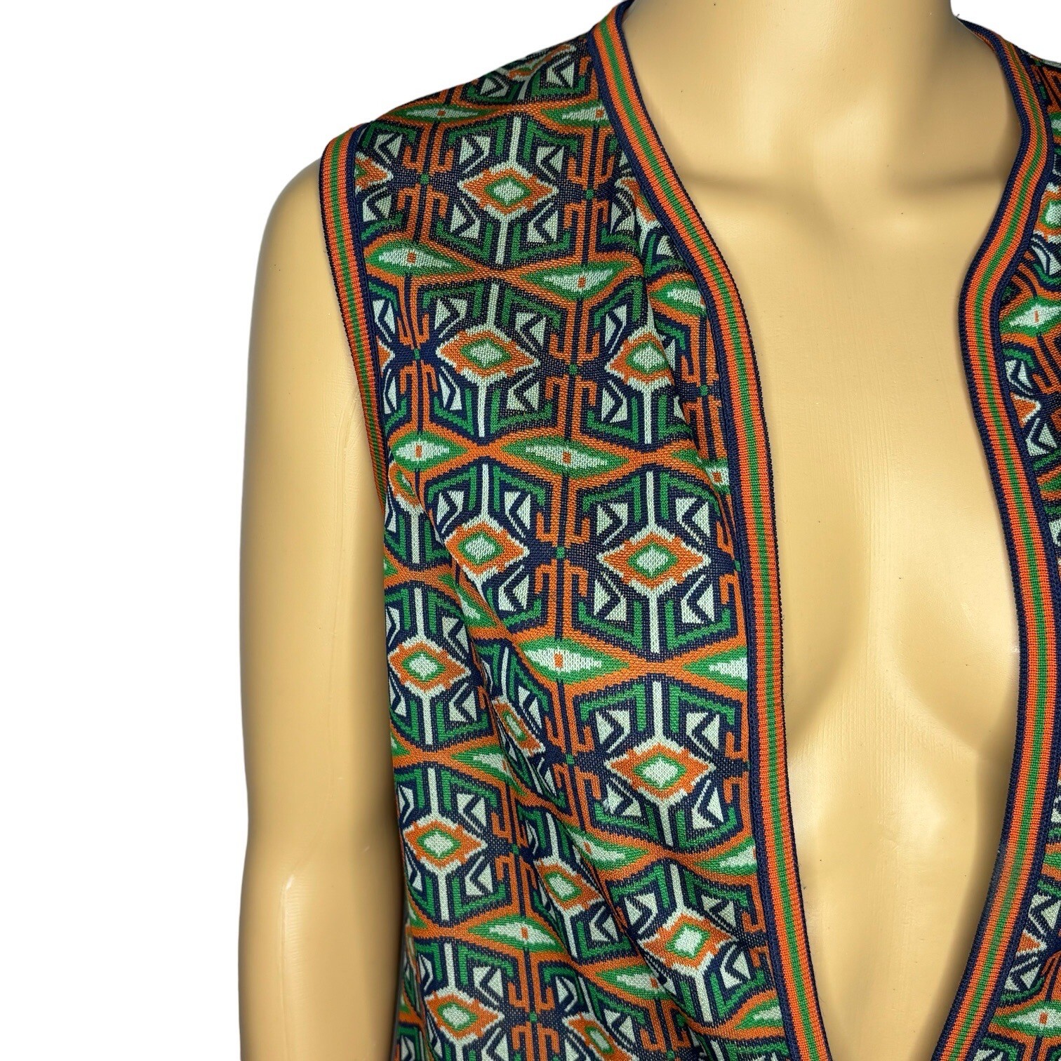 AILEEN Women’s Vest Size 12 Green Orange Blue Funky Pattern Button Front 70s VTG