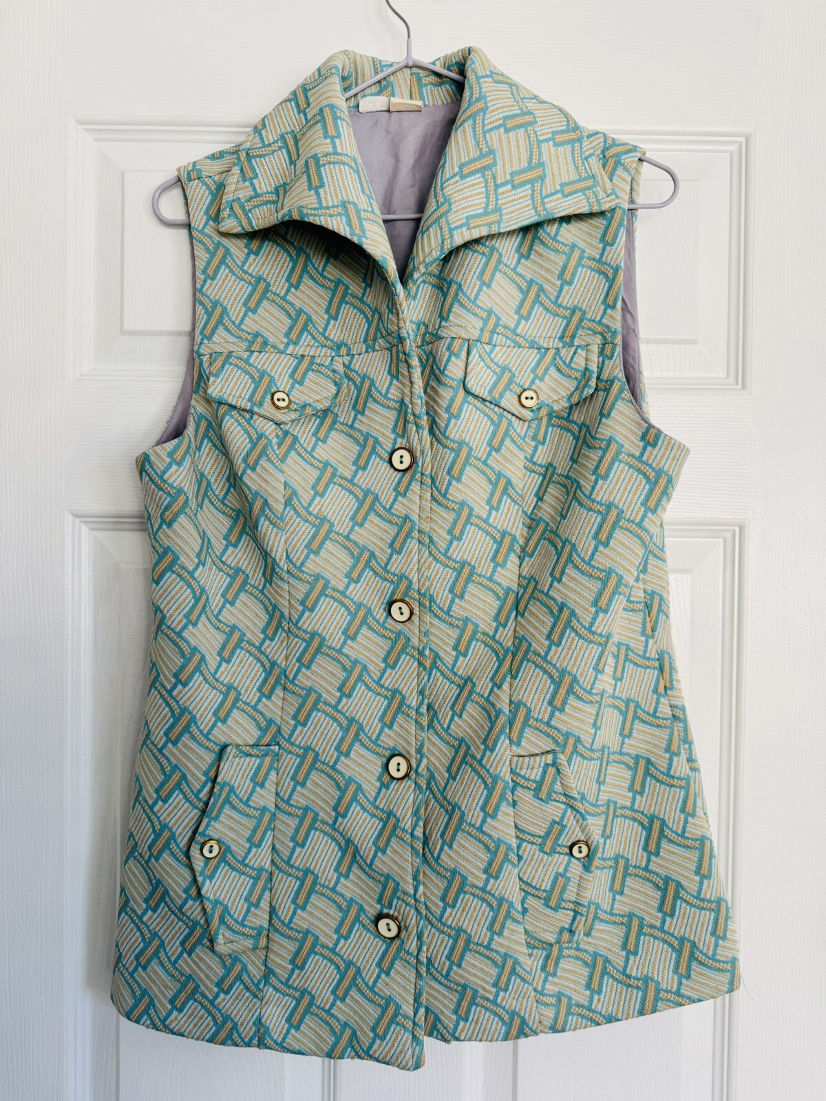 Vintage 60’s Vest Geometric Green Colorful Sleeveless Top Blouse Size 14 M/L