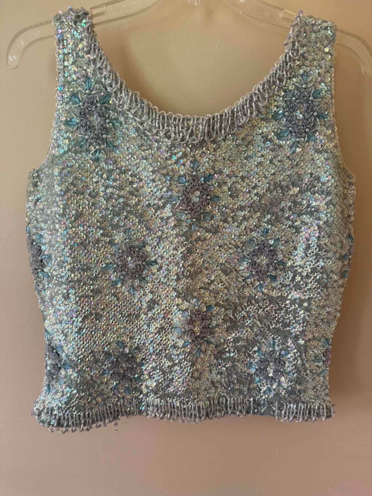 1950’s-60s Ice Blue & Silver Hand Beaded Sequined Wool Top Size M Hong Kong