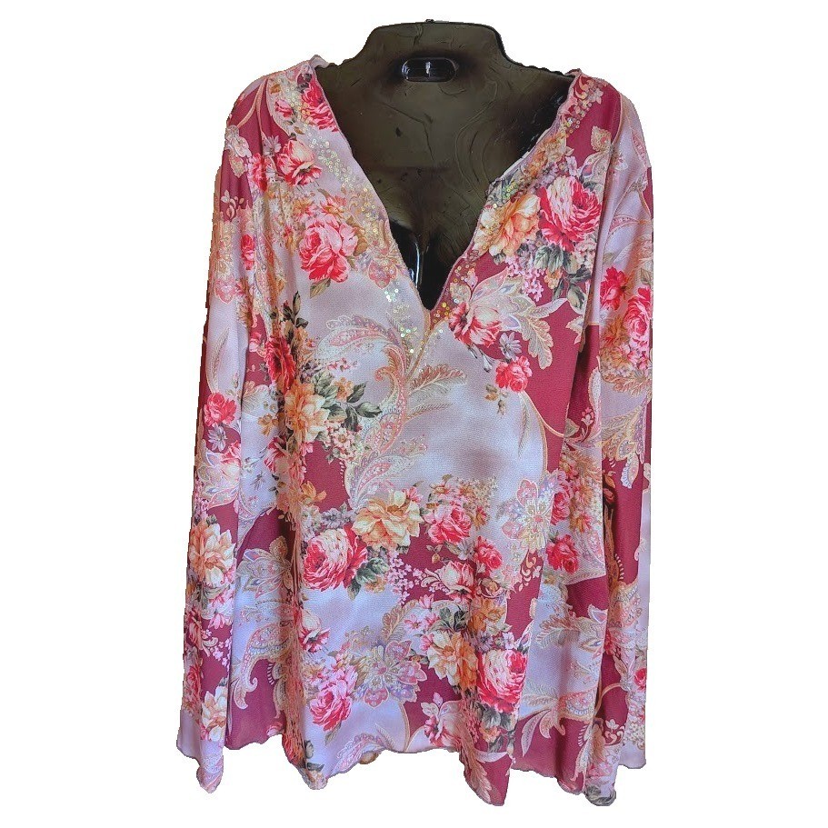 Vintage Y2K Women Top 3X Floral Flowing Sequin Bling Fairy Feminine Cottage USA