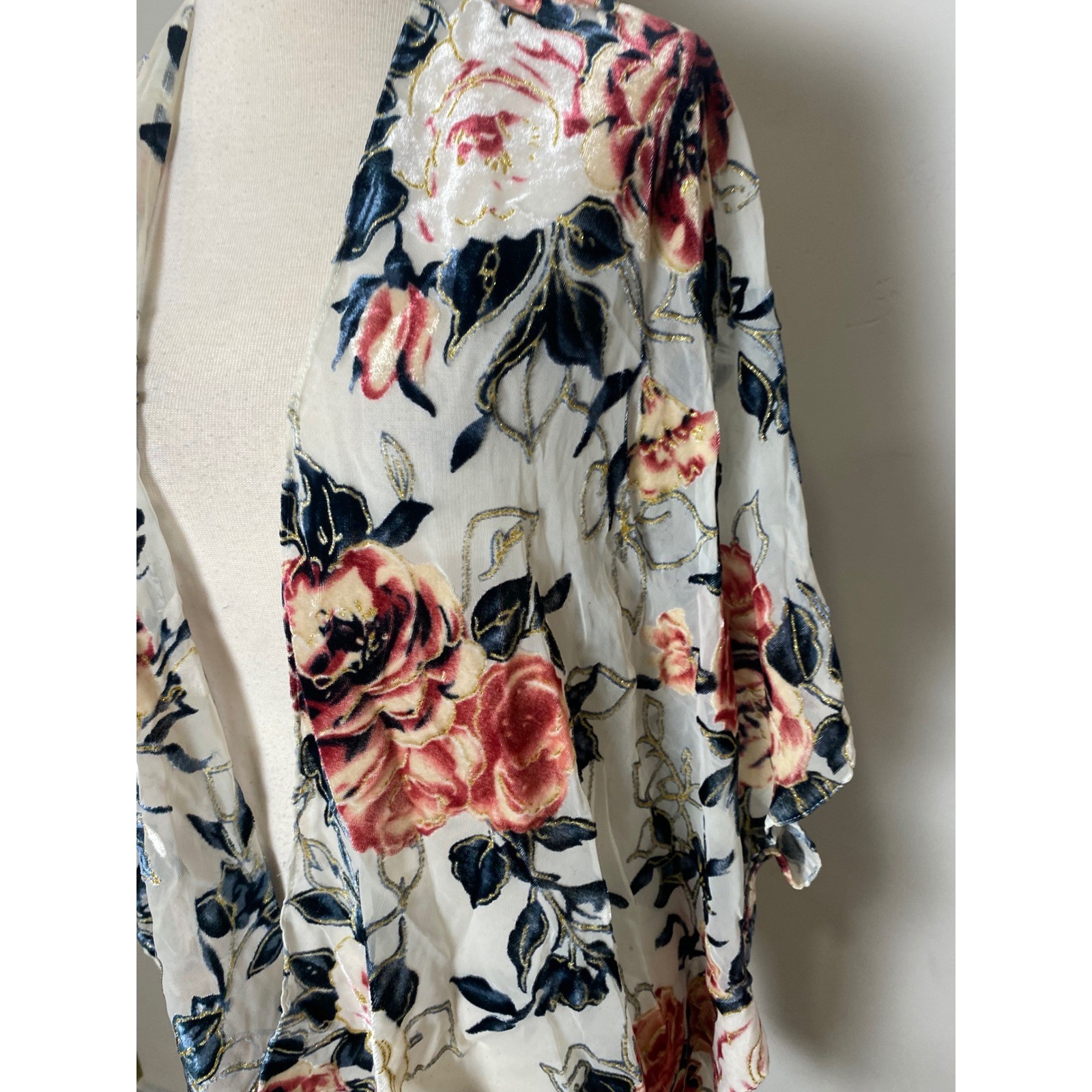 Vintage 90s Velvet Burnout Floral Kimono Wrap Gold Metallic Rose Sheer Cardigan