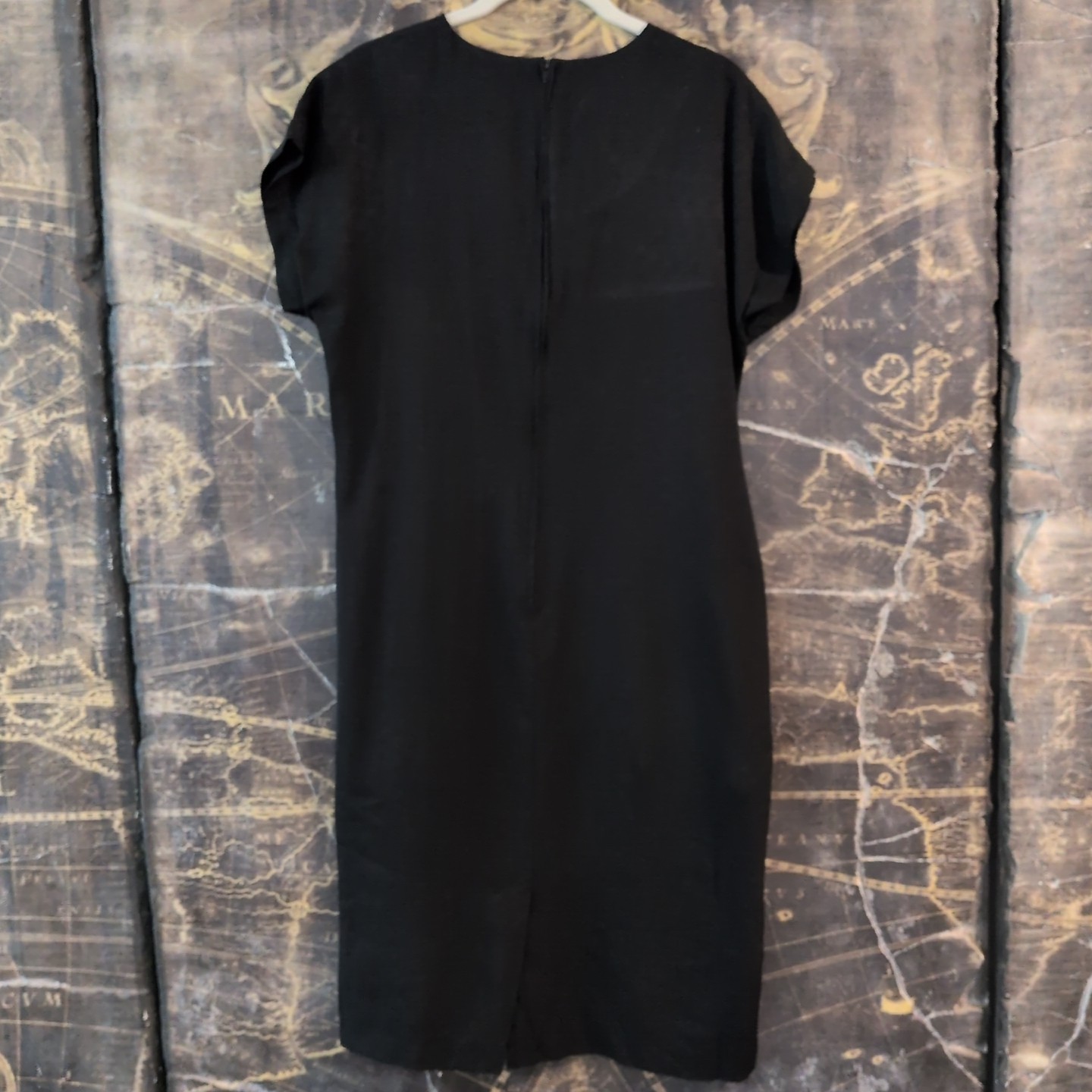 Vintage 80s Black Dress Cap Sleeve Zippered Back With Slit 100% Polyester Sz 8